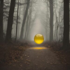 Mysterious yellow orb floating over a path in a dark foggy forest